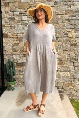 Made in Italy Santos Cap Sleeve Cocoon Dress Mocha