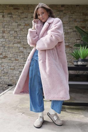 Mara Luxury Faux Fur Long Coat Dusky Rose