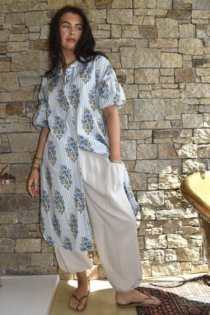 Mika Flower & Stripe Duster Shirt Baby Blue
