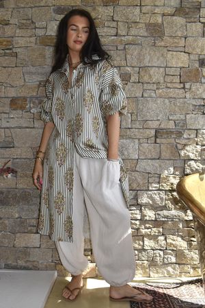 Mika Flower & Stripe Duster Shirt Khaki