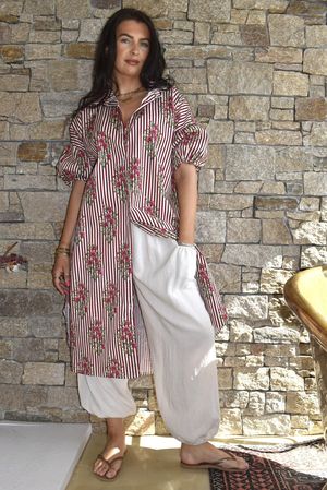 Mika Flower & Stripe Duster Shirt Merlot