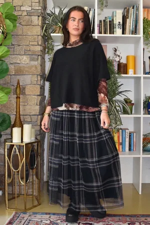 Myrtle Plaid Tulle Midi Skirt Black