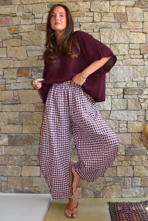 Nonni Gingham 7/8 Barrel Pant Aubergine