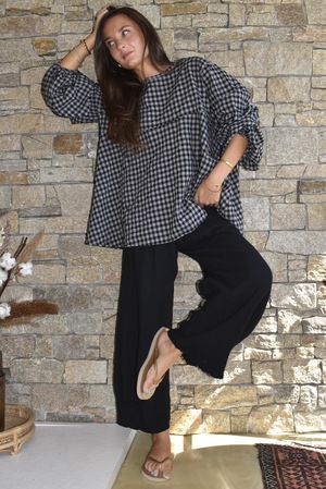 Nonni Gingham Bell Sleeve Peasant Blouse Black Grey