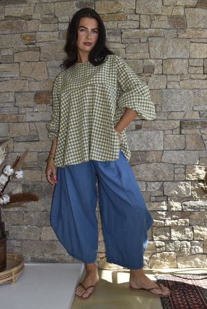 Nonni Gingham Bell Sleeve Peasant Blouse Olive