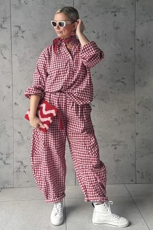 Nonni Gingham Classic Barrel Pant Sangria /30 Pre order 1 week