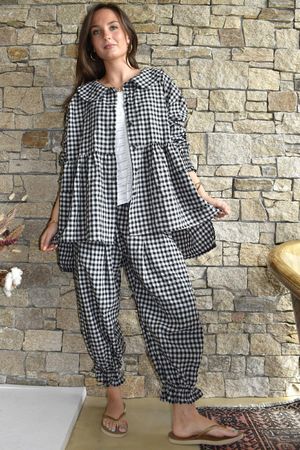 Nonni Gingham Peter Pan Smock Blouse Black