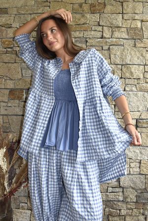 Nonni Gingham Peter Pan Smock Blouse Denim