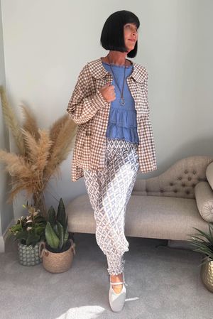 Nonni Gingham Peter Pan Smock Blouse Hazelnut