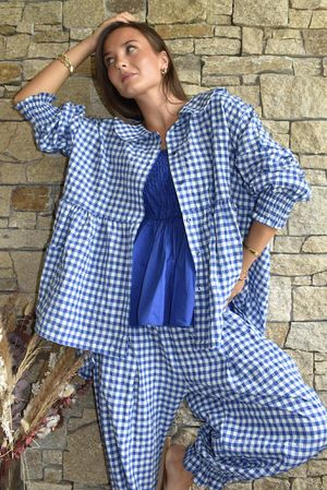 Nonni Gingham Peter Pan Smock Blouse Malibu Blue