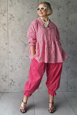 Nonni Gingham Peter Pan Smock Blouse Miami Pink
