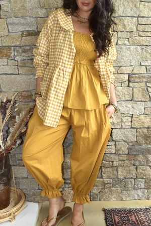 Nonni Gingham Peter Pan Smock Blouse Mustard