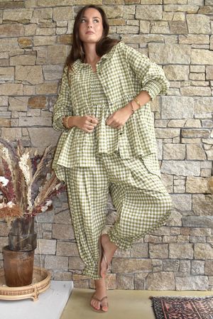 Nonni Gingham Peter Pan Smock Blouse Olive