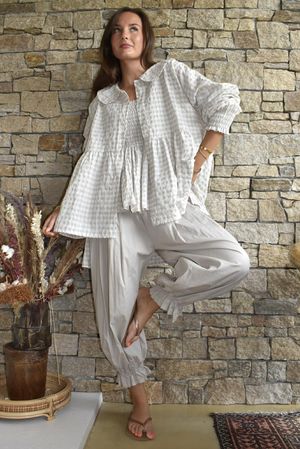 Nonni Gingham Peter Pan Smock Blouse Stone