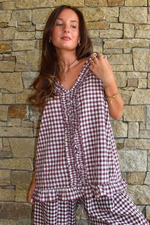 Nonni Gingham Ruffle Front Tank Aubergine