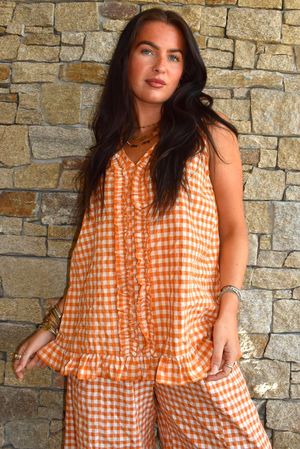Nonni Gingham Ruffle Front Tank Carrot