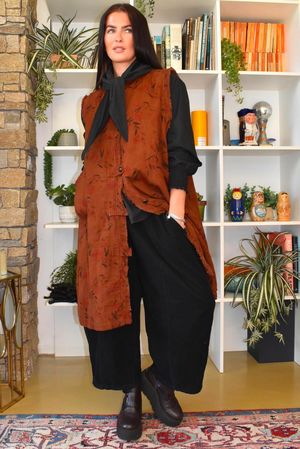 Oriental Bloom Longline Gilet Jacket Rust 