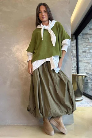 Paloma Bubble Hem Midi Skirt Olive 