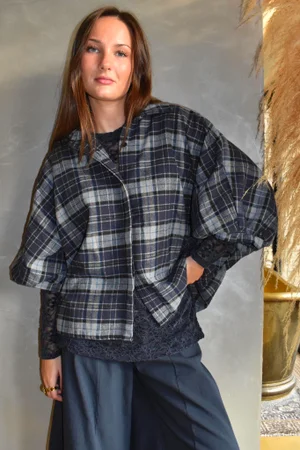 Patrick Plaid Brushed Cotton Blouse Navy