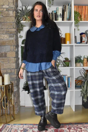 Patrick Plaid Brushed Cotton Carrot Leg Trouser Navy