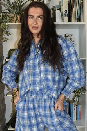 Patrick Plaid Brushed Cotton Edwardian Blouse Soft Cobalt
