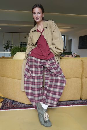 Patrick Plaid Brushed Cotton Barrel Pant Burgundy /100 pre order 2 weeks 