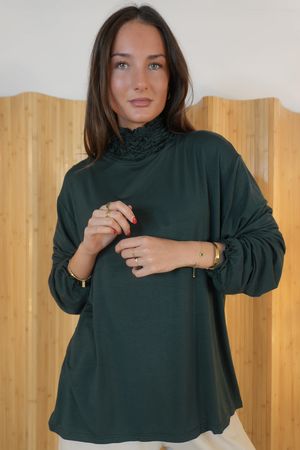 Perfect Layering Ruffle Neck Top Racing Green