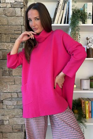 Purdy Roll Neck Luxury Blanket Knit Hot Pink