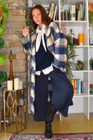 Ralphie Plaid Belted Blanket Coat Navy