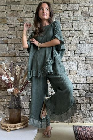 Rustic Nature Bubble Cotton Raw Frill Top Washed Moss