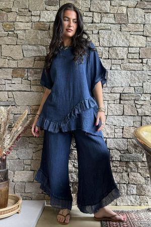 Rustic Nature Bubble Cotton Raw Frill Top Washed Navy