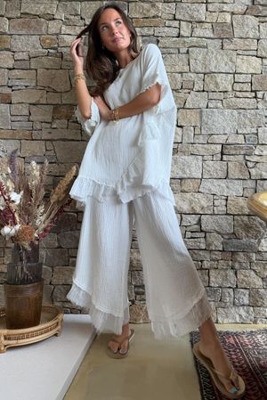 Rustic Nature Bubble Cotton Raw Frill Top White
