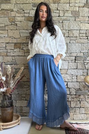 Rustic Nature Bubble Cotton Slant Frill Pant Washed Denim