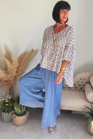 Rustic Nature Bubble Cotton Slant Frill Pant Washed Denim