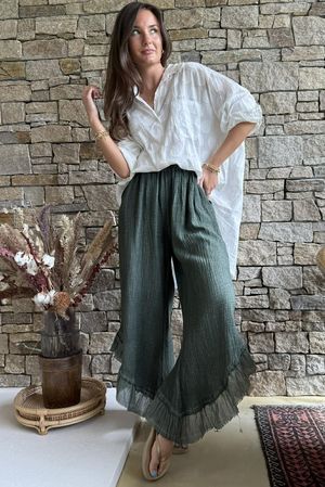 Rustic Nature Bubble Cotton Slant Frill Pant Washed Moss