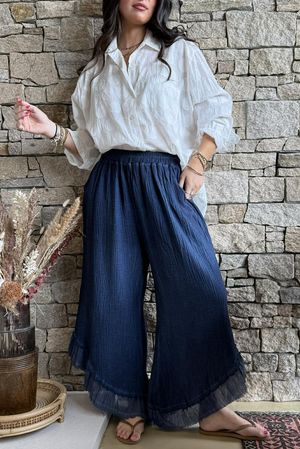 Rustic Nature Bubble Cotton Slant Frill Pant Washed Navy