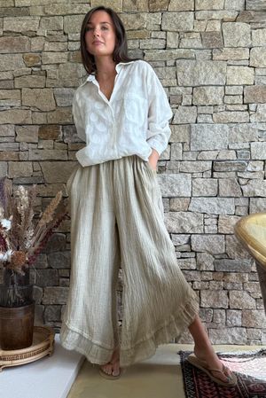 Rustic Nature Bubble Cotton Slant Frill Pant Washed Oat