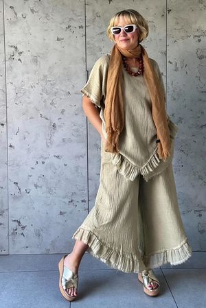 Rustic Nature Bubble Cotton Slant Frill Pant Washed Oat
