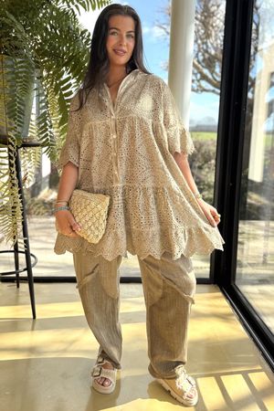 Rustic Nature Pure Cotton Broderie Tunic Washed Light Cedar /47 **