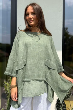Rustic Nature Pure Cotton Lazy Layer Top Washed Khaki