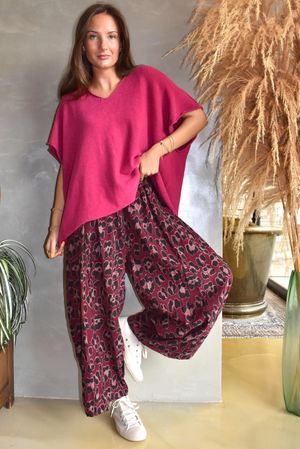 Sa Caleta Needlecord Leopard Barrel Pant Aubergine