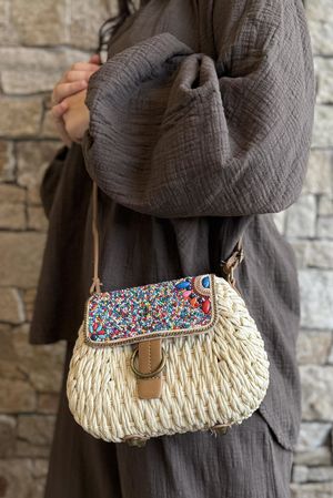 Sardinia Beaded Raffia Crossbody Bag Light