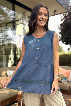 Sicily Pure Cotton Button Tiered Tank Top Dark Denim /31 =