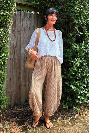 Sundaze Cheesecloth Chalk Stripe Classic Barrel Pant Hazelnut due 10 days 