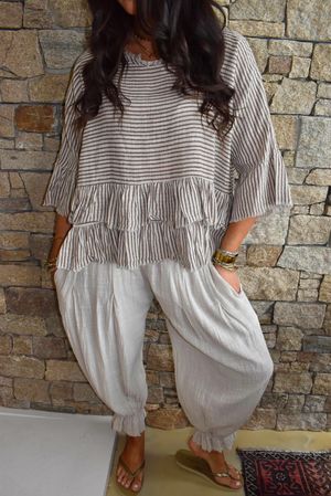 Sundaze Cheesecloth Chalk Stripe Frill Top Calico