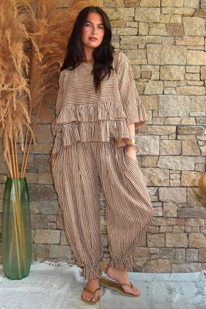Sundaze Cheesecloth Chalk Stripe Frill Top Hazelnut