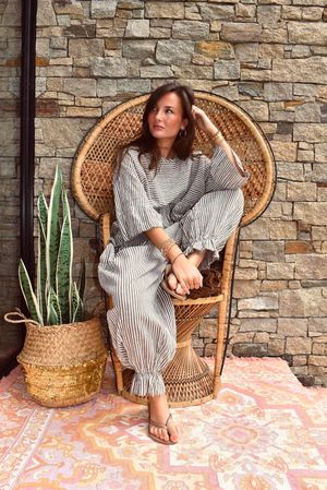 Sundaze Cheesecloth Chalk Stripe Frill Top Mocha