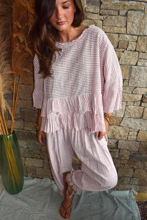 Sundaze Cheesecloth Chalk Stripe Frill Top Rose