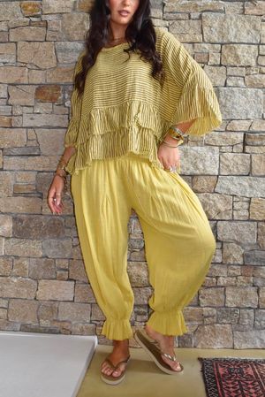 Sundaze Cheesecloth Chalk Stripe Frill Top Soft Ochre