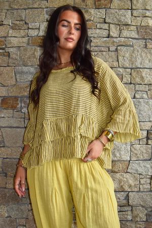 Sundaze Cheesecloth Chalk Stripe Frill Top Soft Ochre